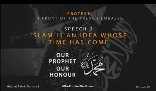 Denmark: Stand in front of the French Consulate entitled:  Our Messenger is our Example!